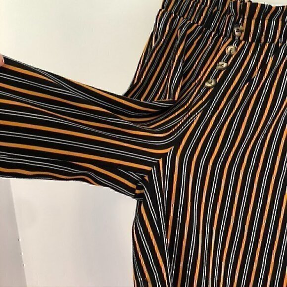 MUST HAVE FOREVER 21 Striped Paperbag Pants Black Mustard White Elastic Waist S - Picture 5 of 12